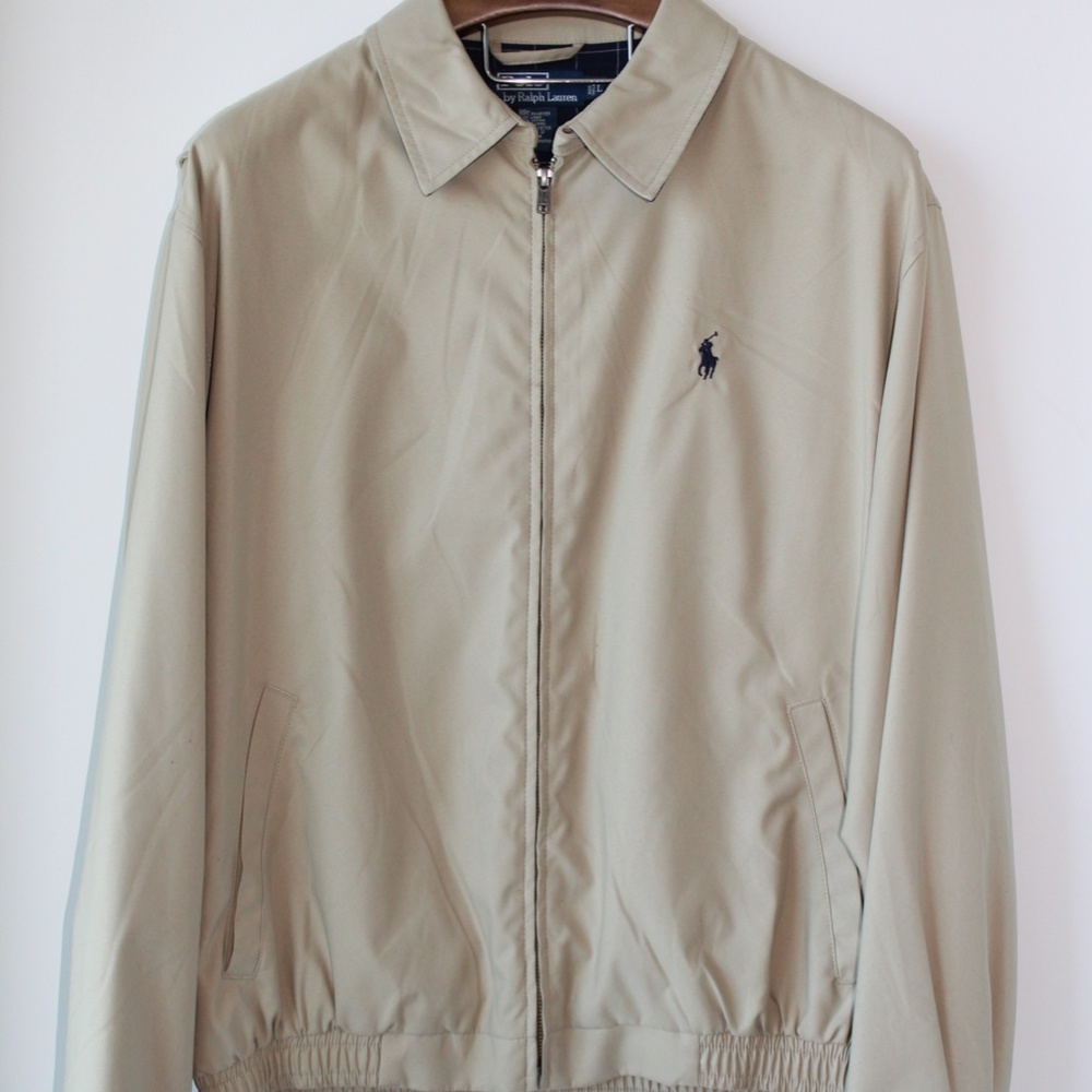 Polo by Ralph Lauren Mens Large Tan Plaid Lined Full Zip Collared Bomber Jacket